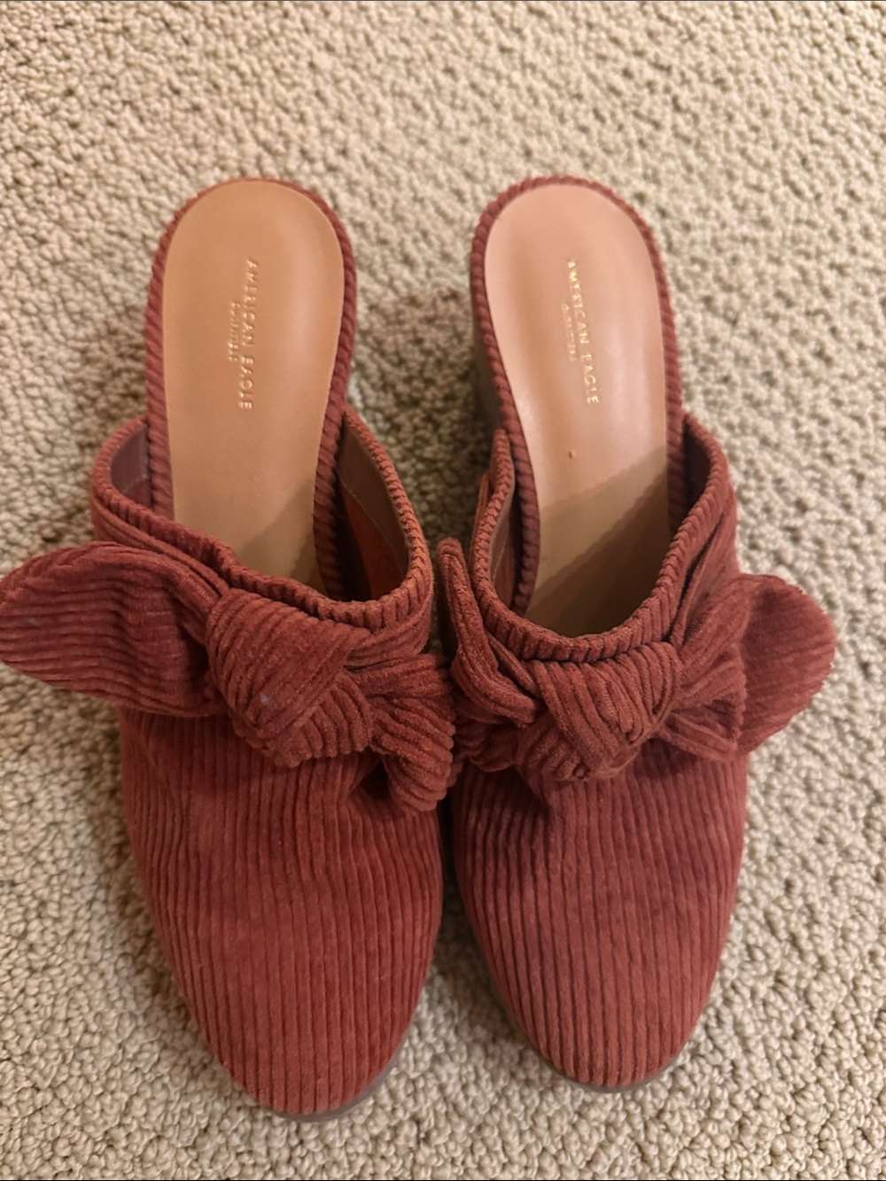 American Eagle Outfitters Rust Corduroy Bow Slip-On Mules